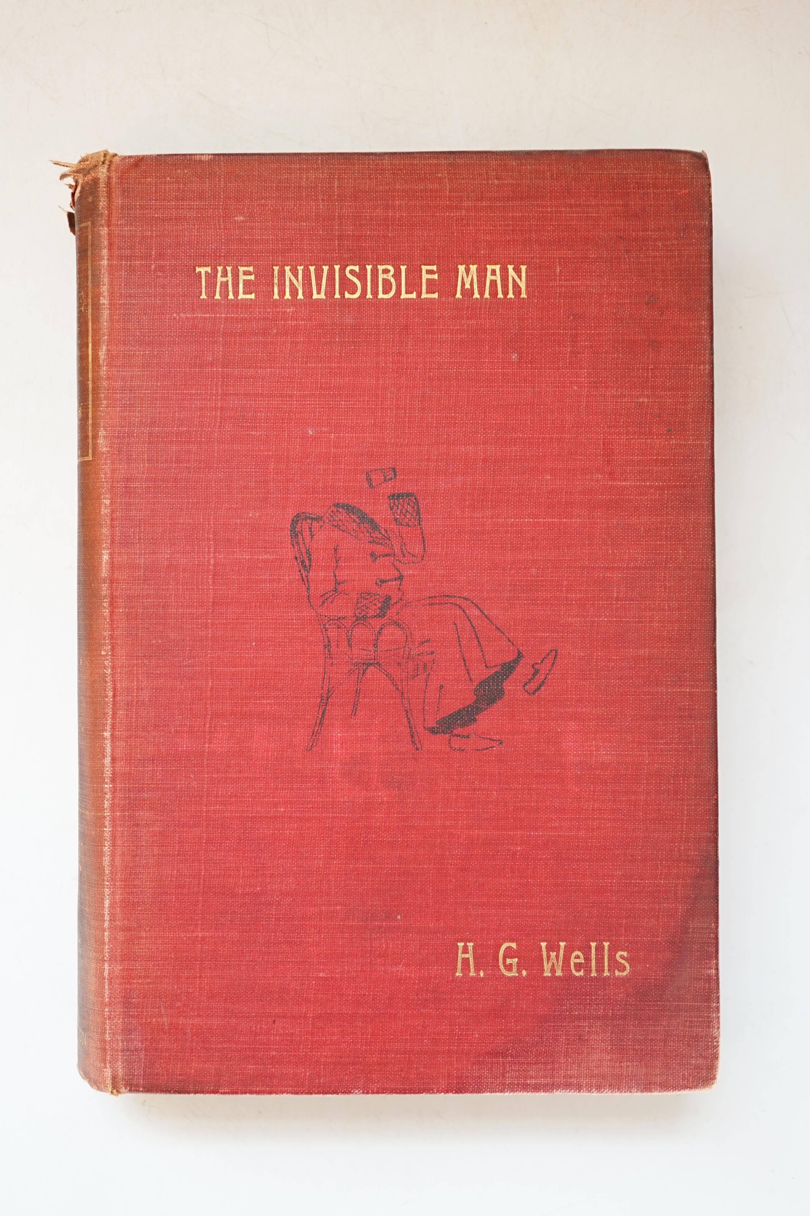 Wells, H. G. (1866-1946). The Invisible Man. A Grotesque Romance, 8vo, half title, title printed in orange and black, 2-pages of publisher's advertisements at the end, original red pictorial cloth lettered in gilt, light